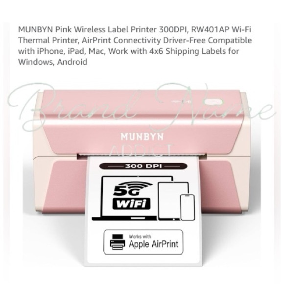 Barely Used MUNBYN Pink 300DPI, RW401AP Air-Print Wireless Wi-Fi Thermal Printer - Picture 3 of 5